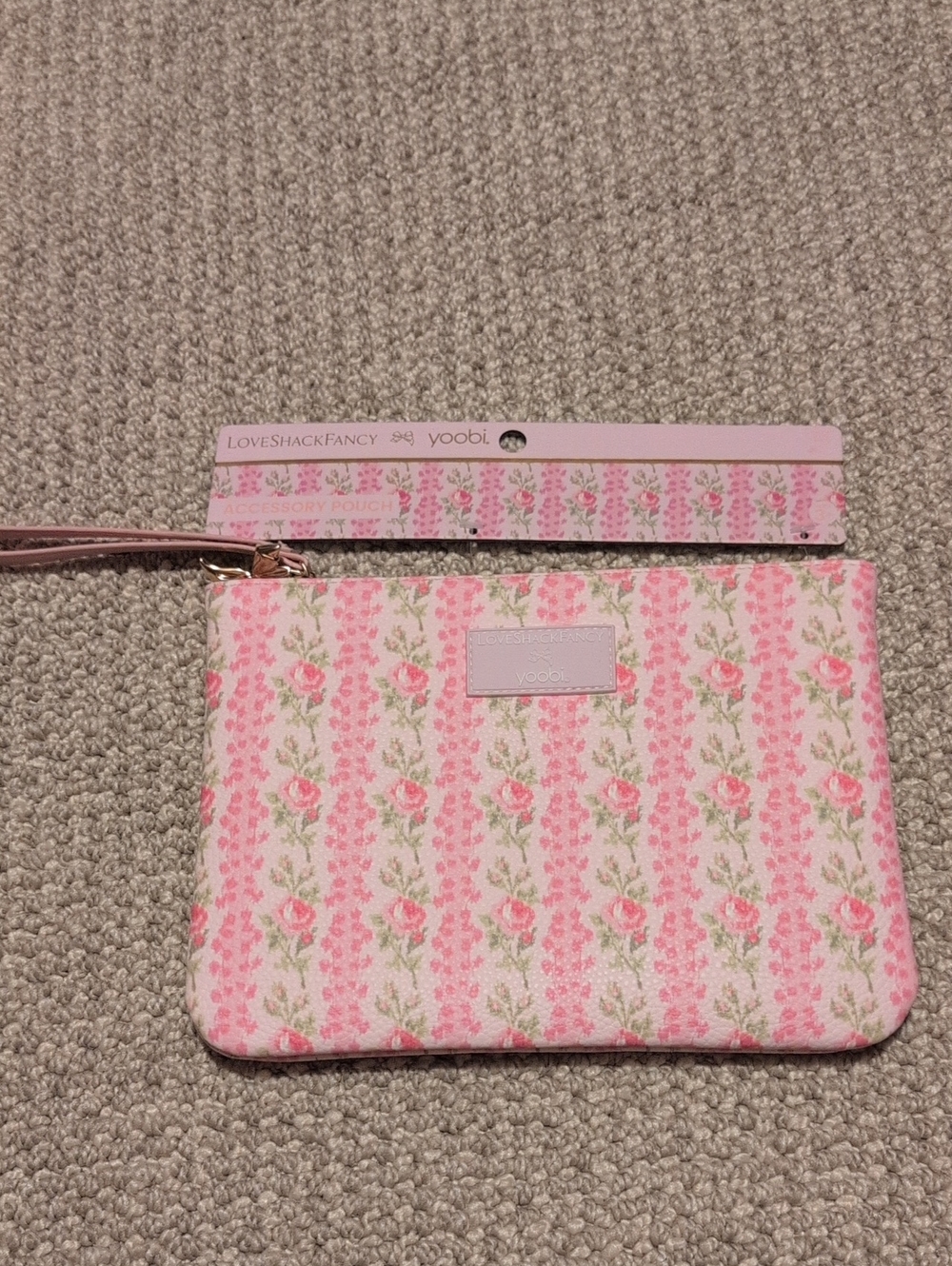 LoveshackFancy Pink Floral Wristlet Pouch with Strap